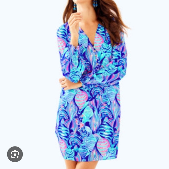 Lilly Pulitzer Brynle Twitlight Blue Scale Up Shift Dress Long Sleeve Vneck - Picture 7 of 7